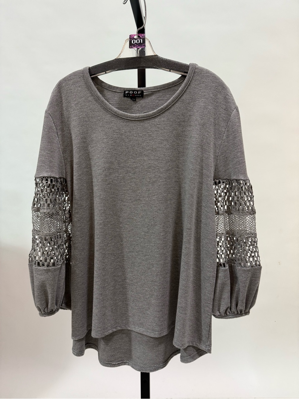 Poof! Plus Size Gray Crochet Panel Balloon-Sleeve Scoop Neck Top ❤️1